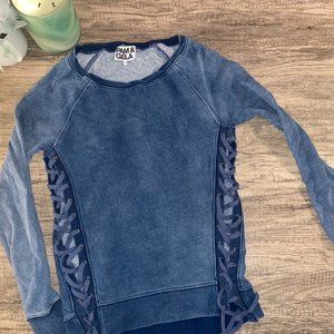 Pam & Gela Indigo wash lace up sweatshirt, SZ P/SM, retail $245.00